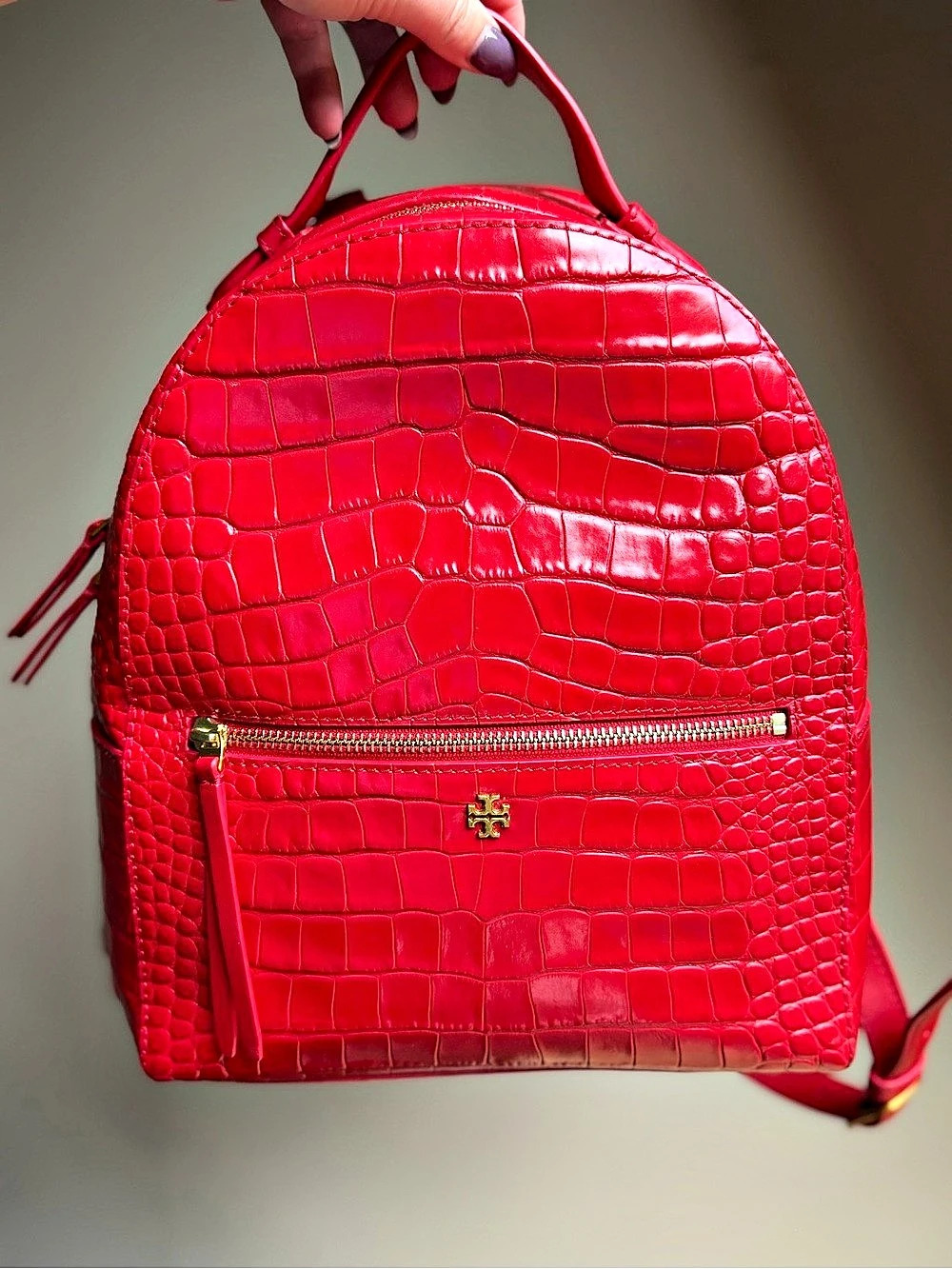 Tory Burch Croc-Embossed Patent Leather Medium Lux Backpack EUC